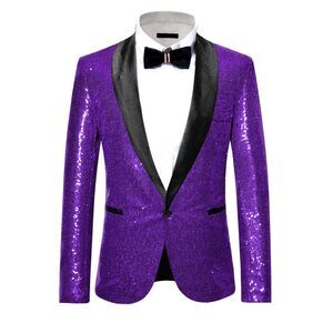 Sequin Sport Coats Shawl Lapel One Button Wedding Shiny Blazer Purple